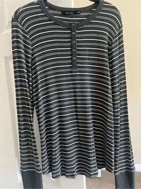 Doe & Rae Gray and White Striped Henley Knit Top